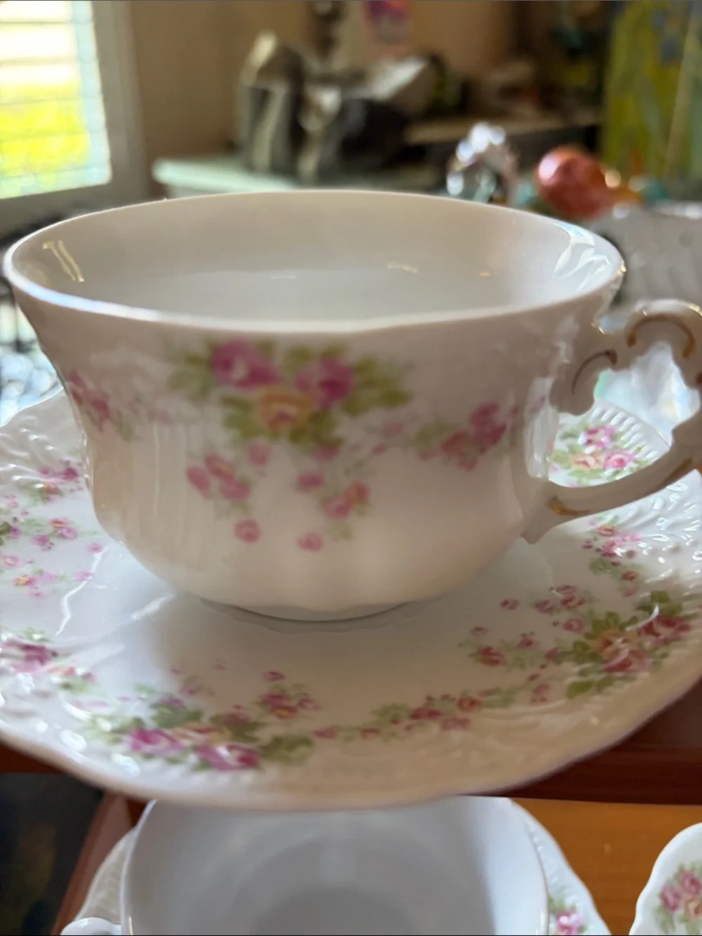 Antique Weimar - German pink rose porcelain cup /saucer set of three.